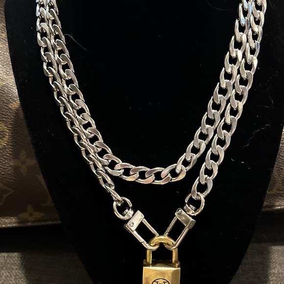 Louis Vuitton Padlock on Silver Stainless Steel Necklace with a Second Necklace - Picture 5 of 7